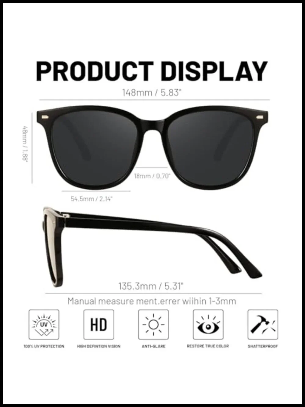 Retro Big Frame Polarized Sunglasses for Women Men UV400 Protection Vintage